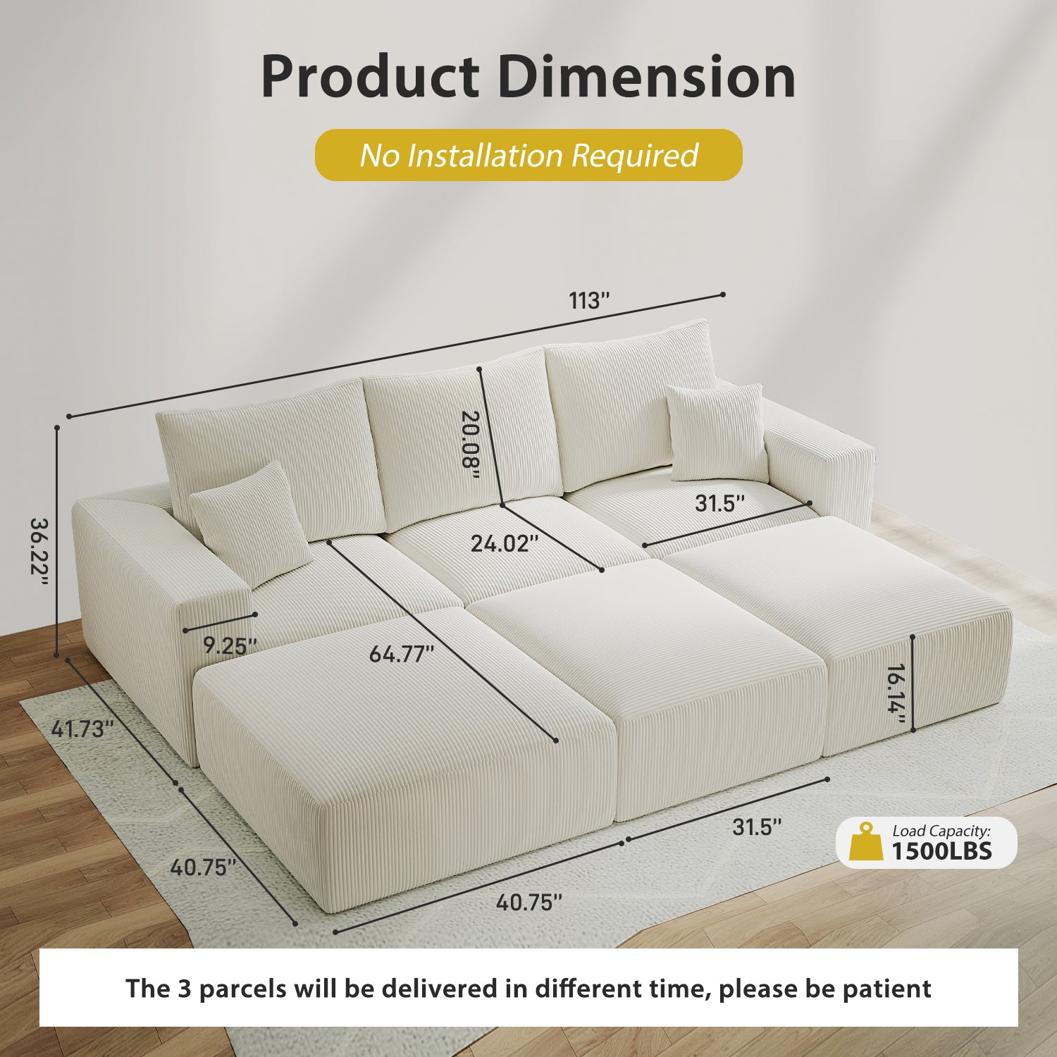 112" Boneless Cloud Sectional Sofa Bed