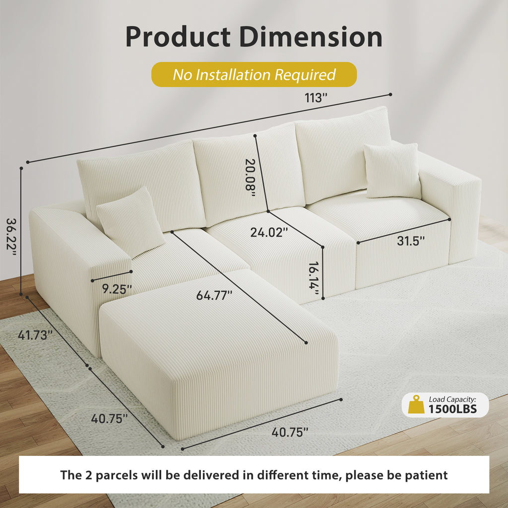 112" L-Shaped Boneless Cloud Sectional Sofa