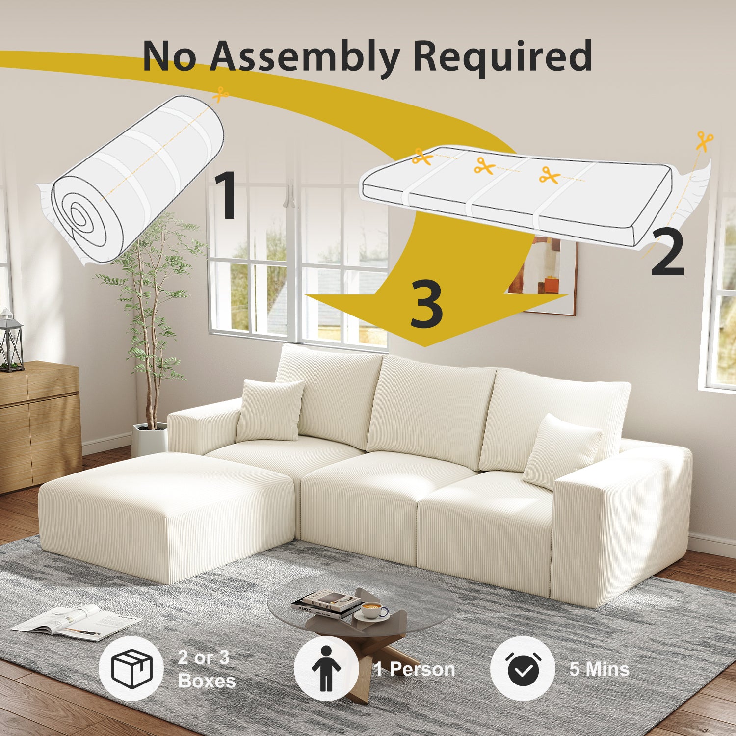 112" L-Shaped Boneless Cloud Sectional Sofa